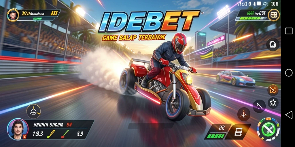 Tampilan gameplay IDEBET dengan mobil balap di lintasan yang menantang.