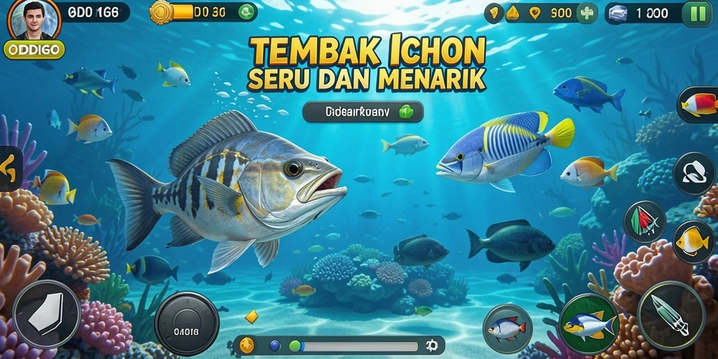 Menampilkan aksi seru dalam game Tembak Ikan ODDIGO.